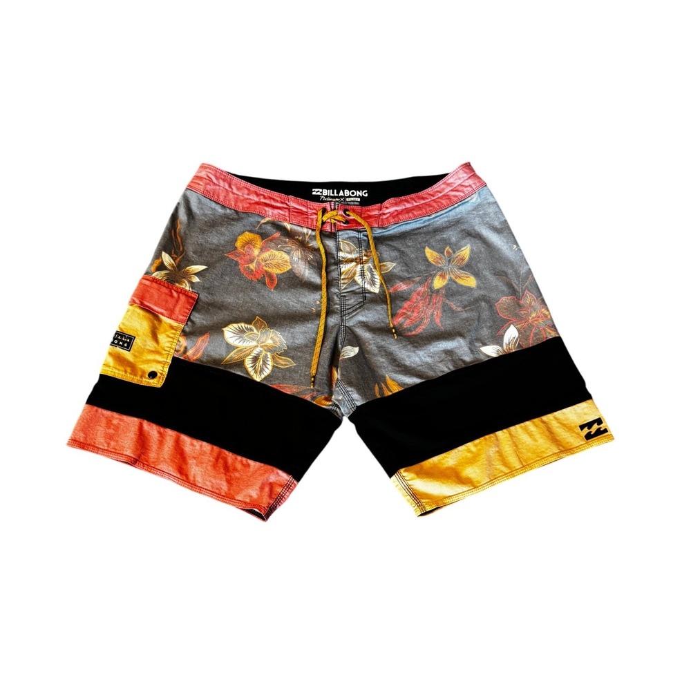 Billabong Platinum X Pump Mens Floral Colorblock Board Shorts Gray Red Yellow 36